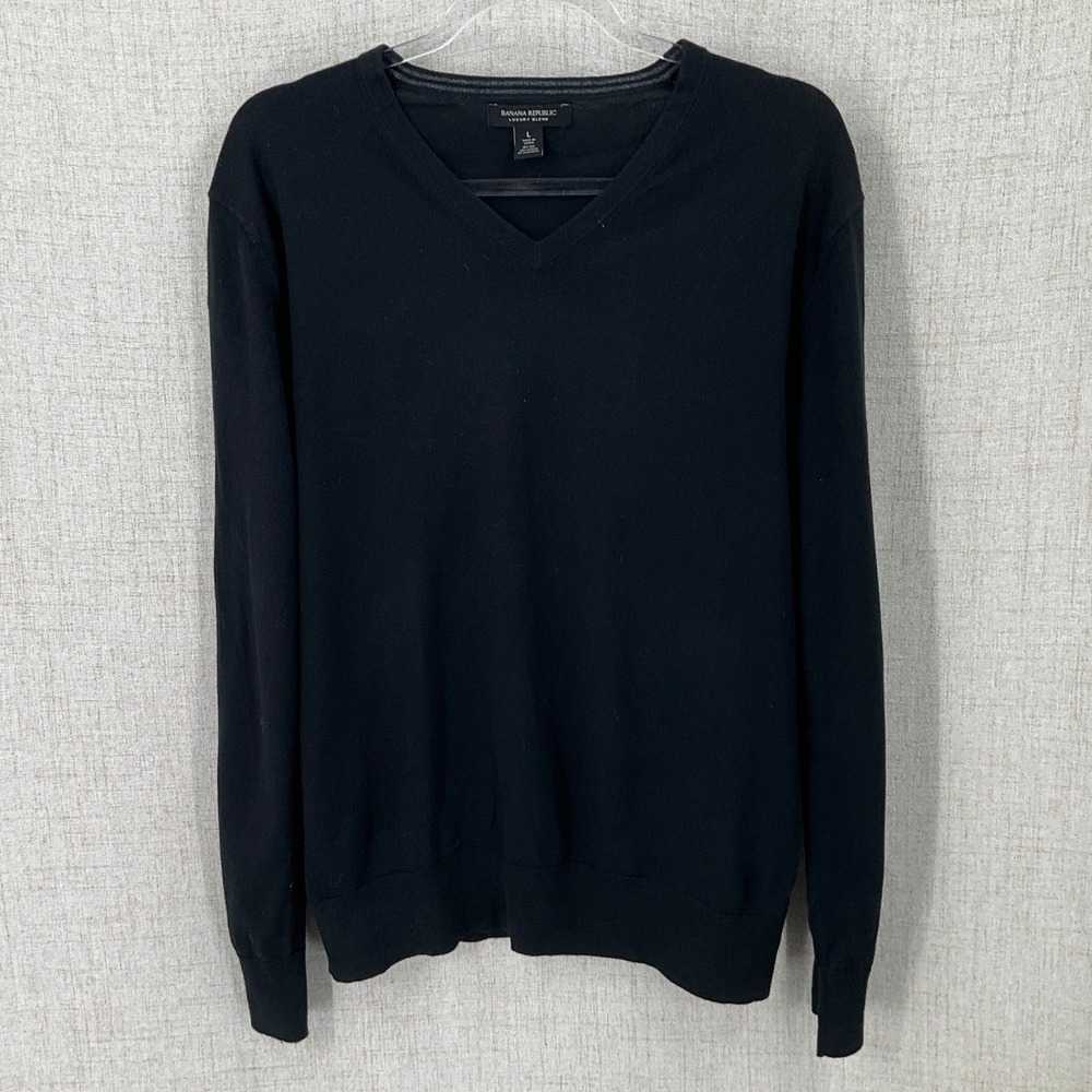 Banana Republic V-Neck Sweater Mens L Black Cashmere Silk Blend Classic Minimal